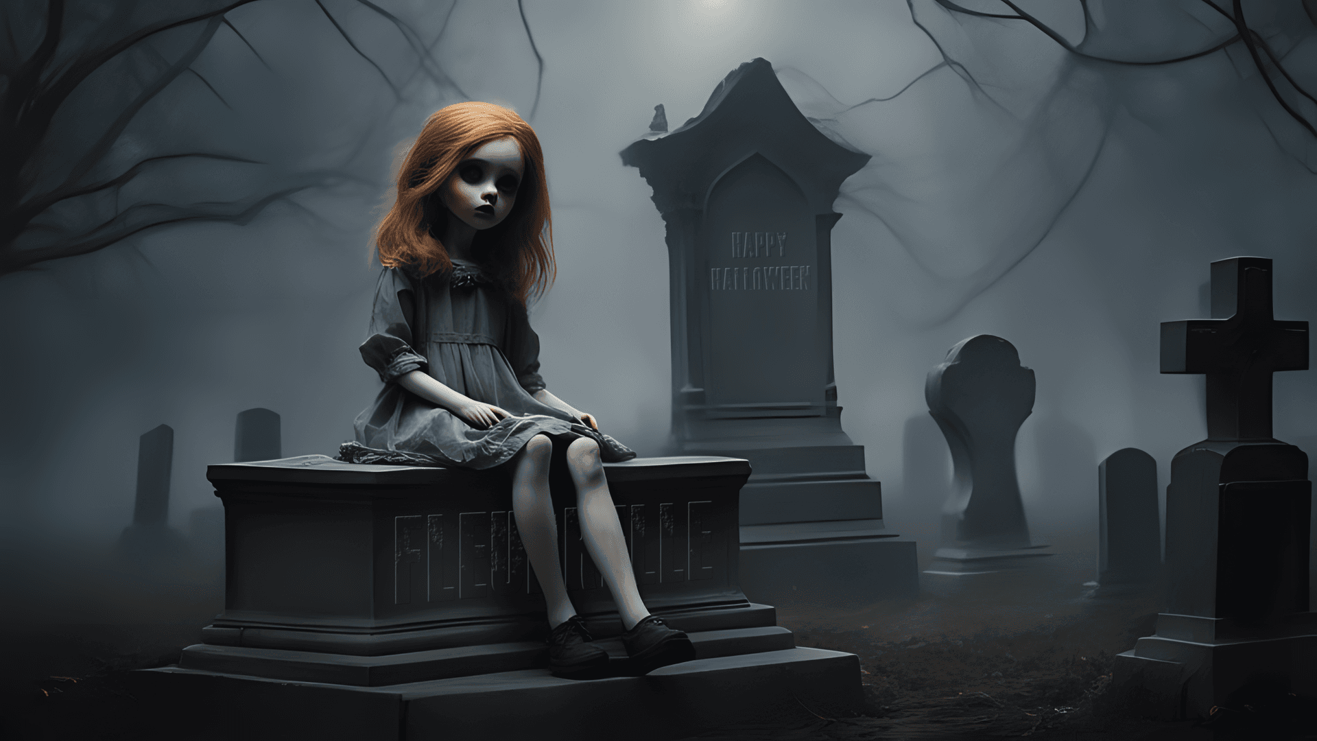 AI generated: A foggy decayed old graveyard at midnight with tombstones, close up of a scary but curious young unk...