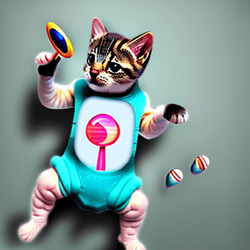 AI generated: a cute baby cat wearing baby suit standing with a background of a park and a lollipop on his hand