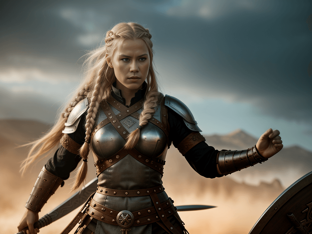 AI generated: realistic Exposure Shot, A powerful viking shieldmaiden with blonde braids, her figure overlaying a ...