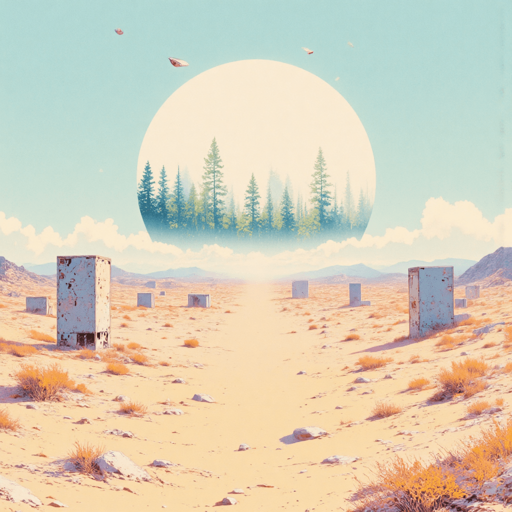 AI generated:  A vast surreal desert landscape stretching infinitely, dotted with futuristic monoliths and abandon...