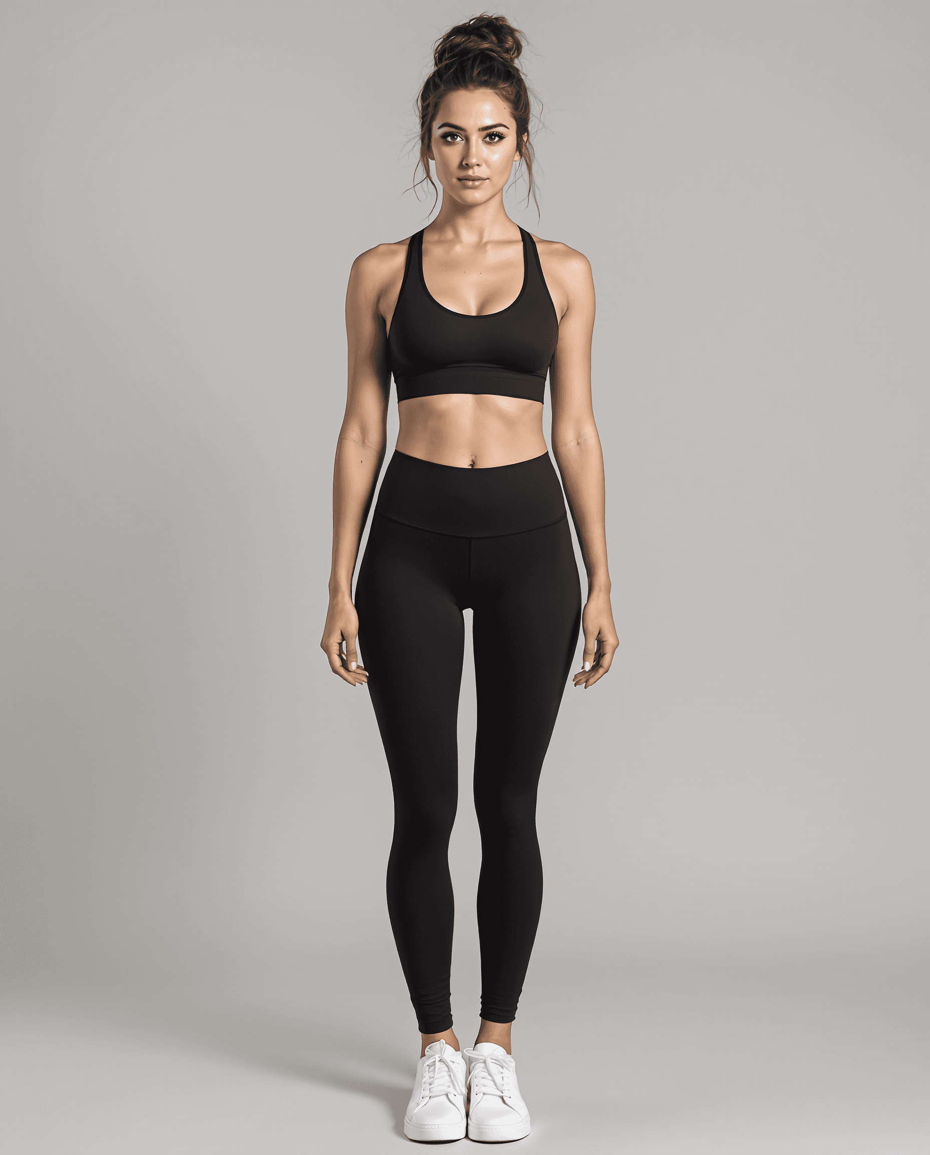 AI generated: A hyper-realistic, ultra-detailed full-body front-view depiction of Keeley Hazell with no expression...