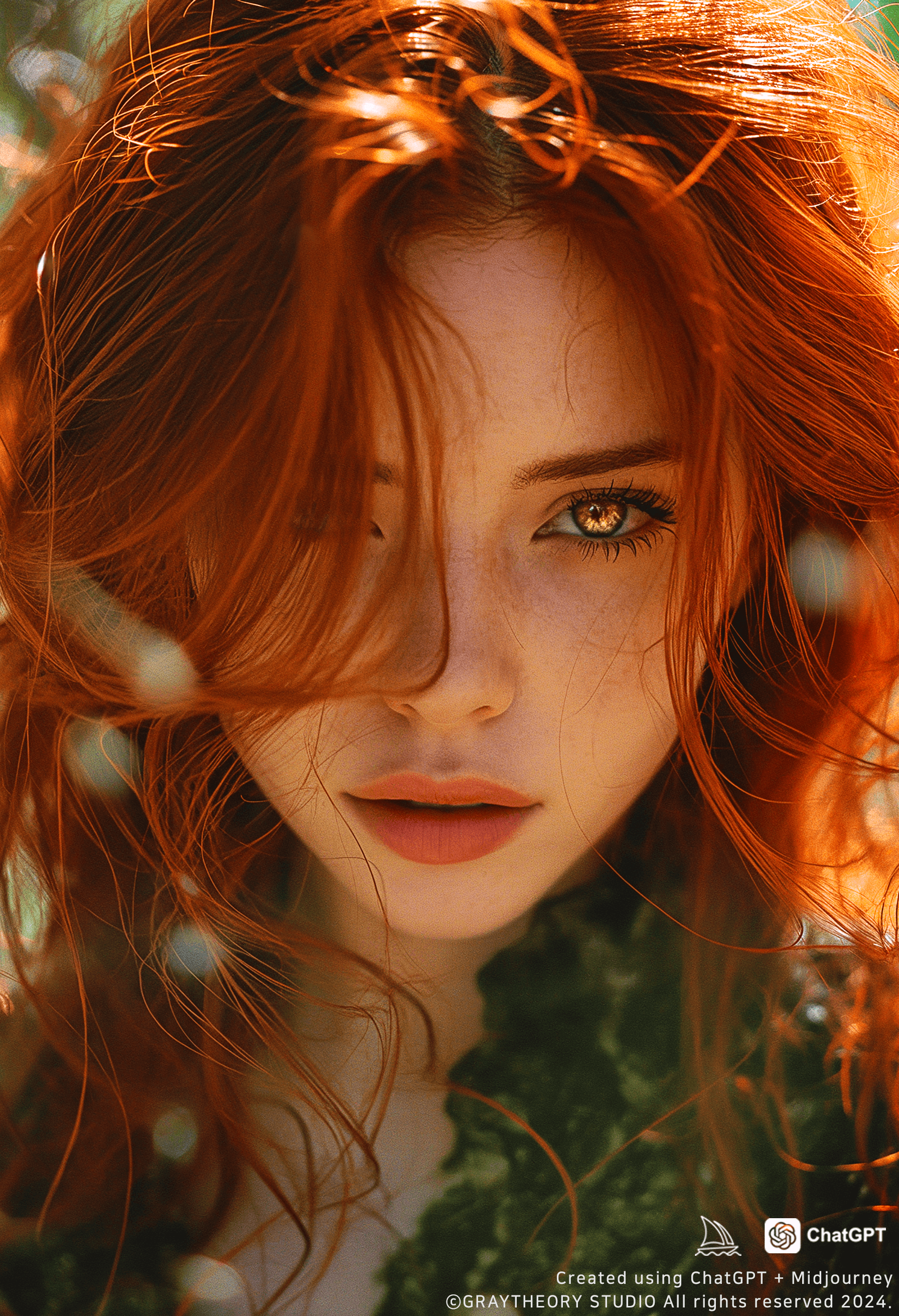 AI generated: photo of a woman, fiery red hair, 280mm f/5.5 lens, earthy green and brown optical, soft-focused rea...