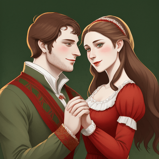 AI generated: young and happy husband and wife Peter and Fevronia in Russian traditional costumes, in red tones, c...