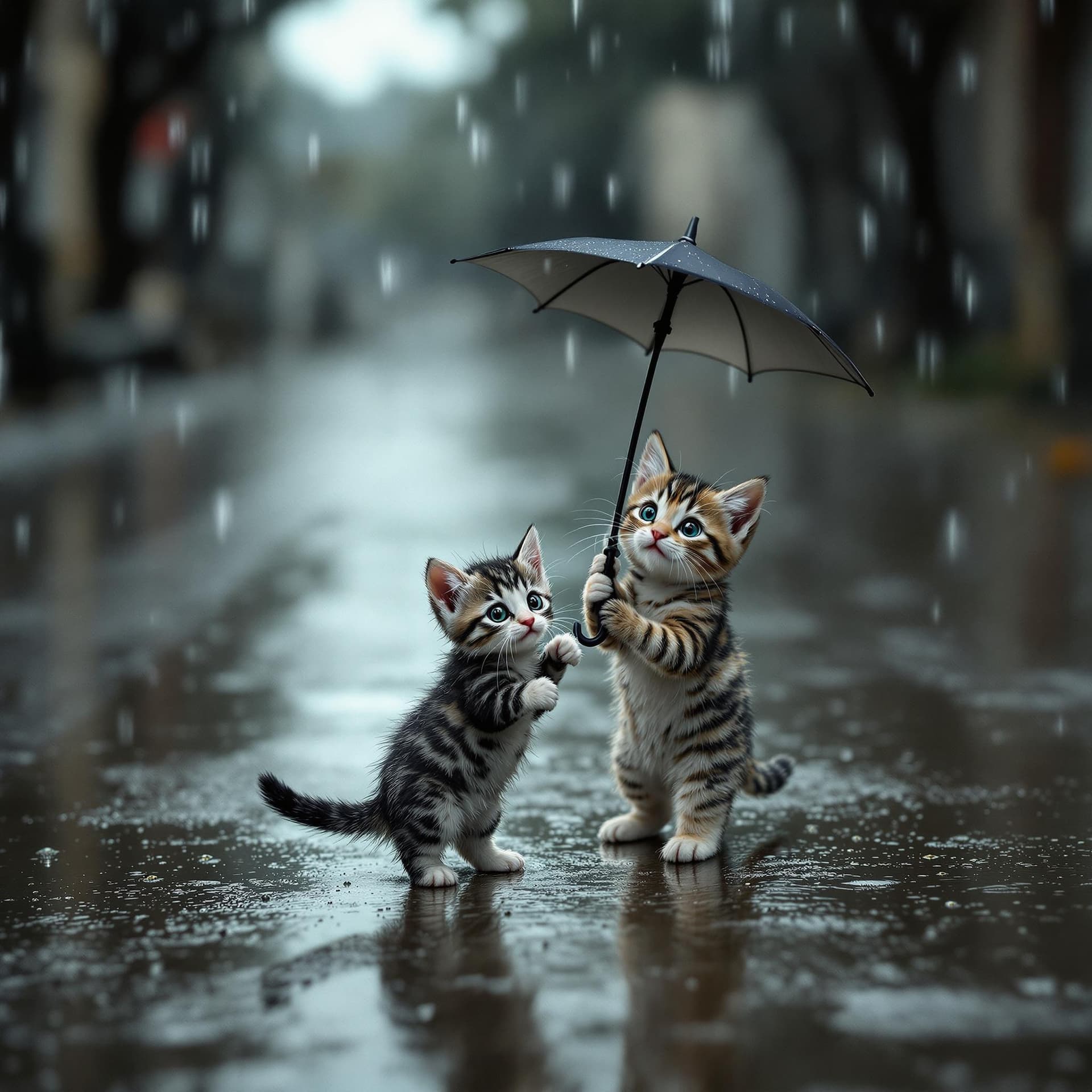 AI generated: A small, black-and-white spotted kitten walks alone in the rain, its fragile body drenched as water ...