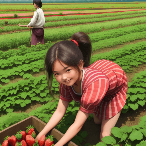 AI generated: A very beautiful village girl is bending over in a strawberry field, picking strawberries. Messy pon...