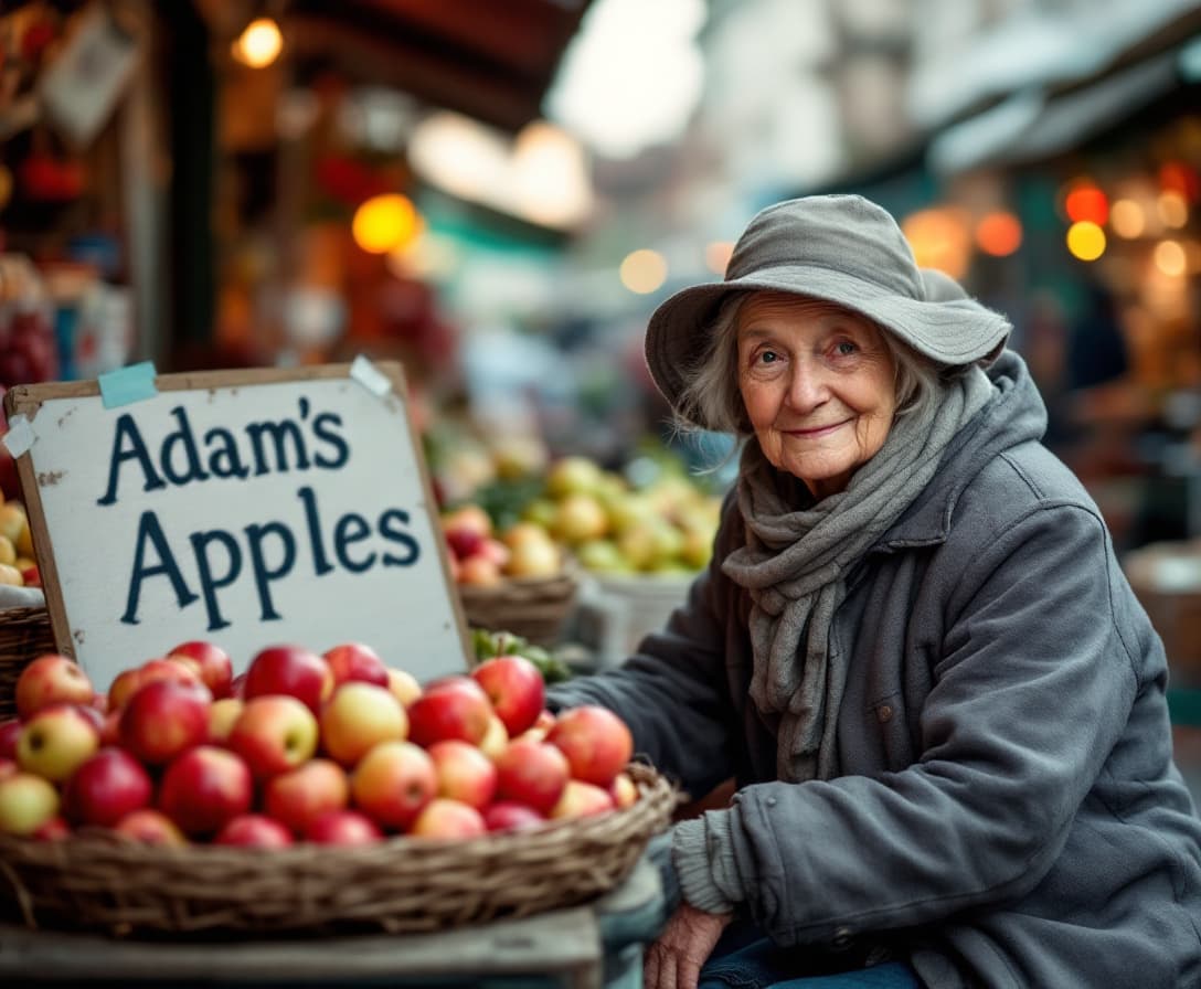 AI generated: Image of an old woman sitting at the market and selling apples. There is a sign nearby with title 'A...