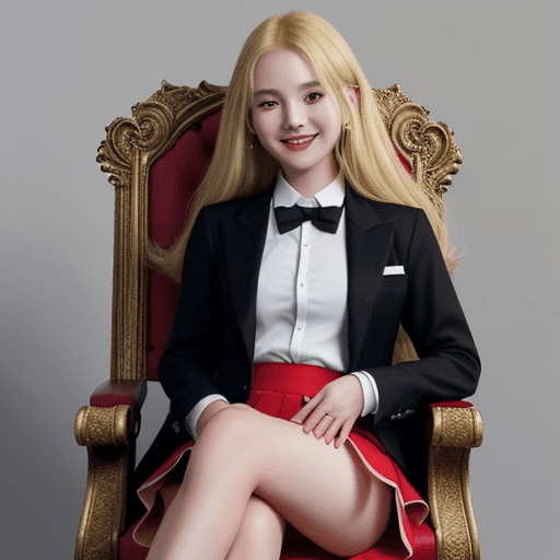 AI generated: A girl with red blazer and with shirt with black tie with blonde long hairs with short skirt sit on ...