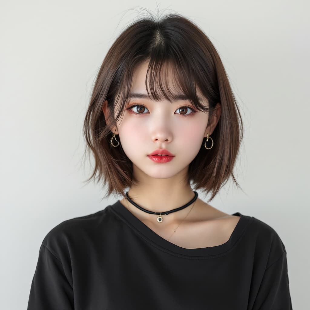 AI generated: beautiful amateur image of an 18 year old Japanese girl, with a mischievous look, serious face, earr...