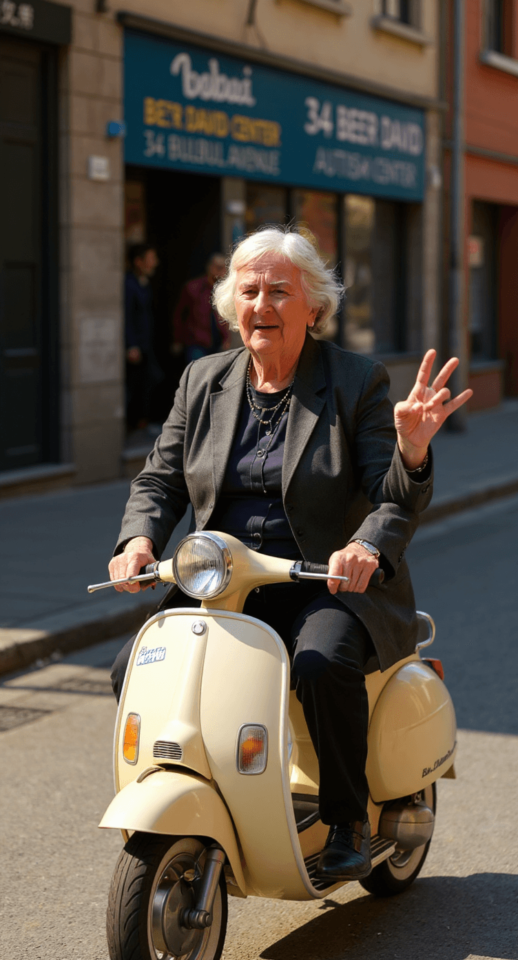 AI generated: A stylish Azerbaijani grandmother, aged 54–59, riding a classic manual scooter through the streets o...