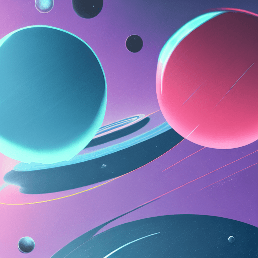 AI generated: minimalistic, three-body problem, planets with rings, cyberpunk pink and blue colors, space grey col...