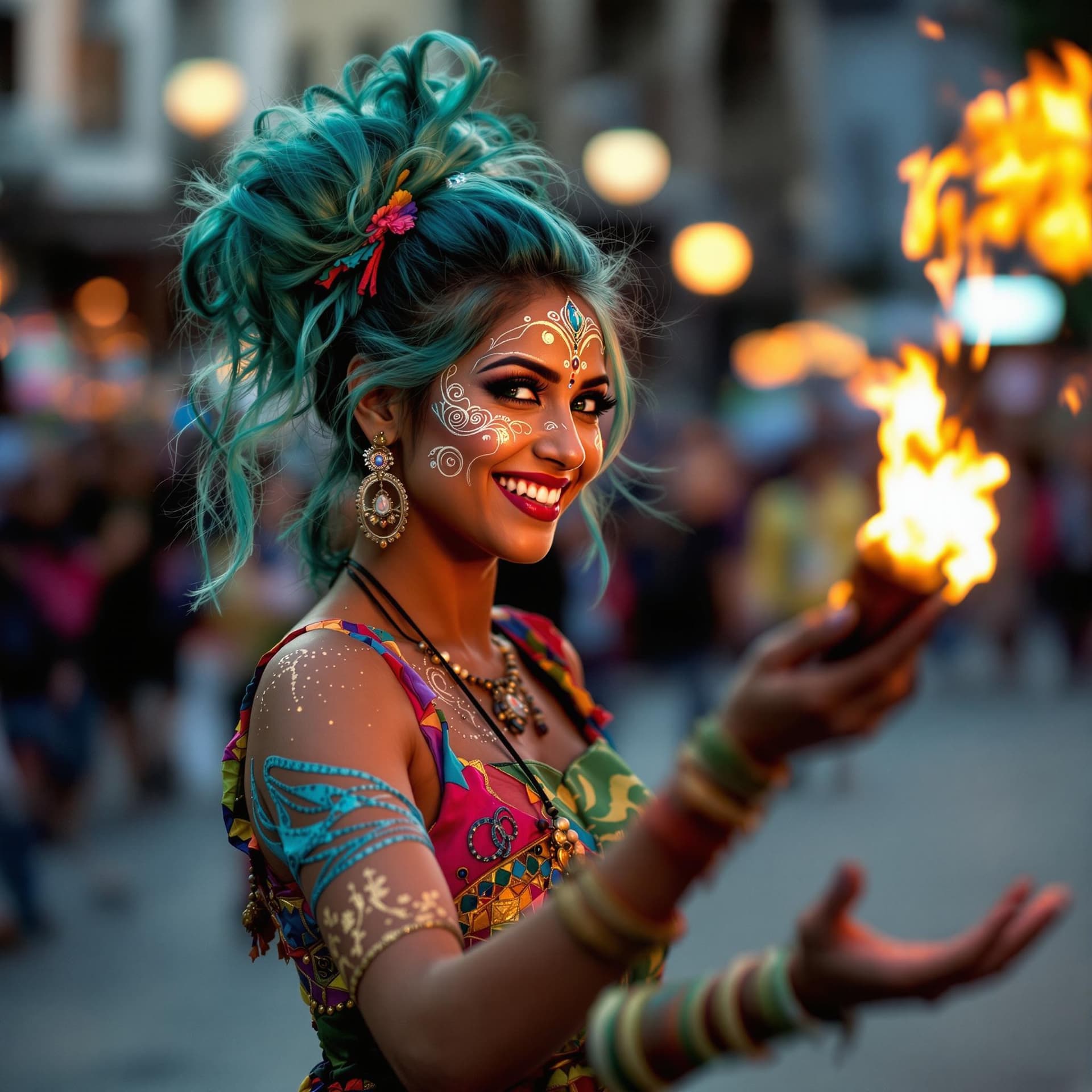AI generated: A lively Indian street performer in her early 30s captivates a small crowd in a bustling city square...