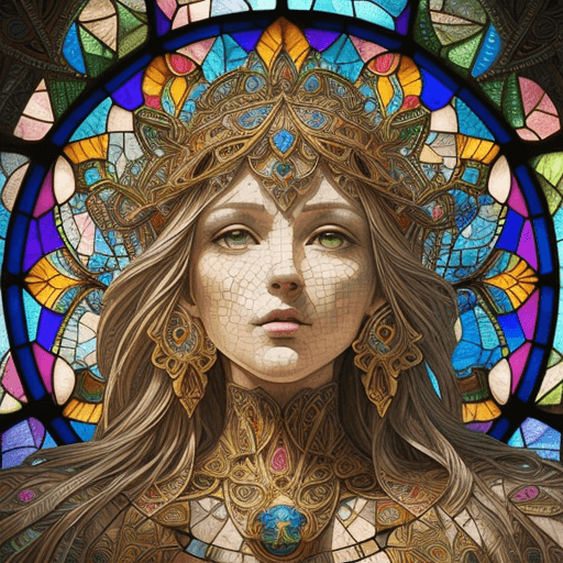 AI generated: stained glass art of goddess, mosaic-stained glass art, stained-glass illustration, close up, portra...