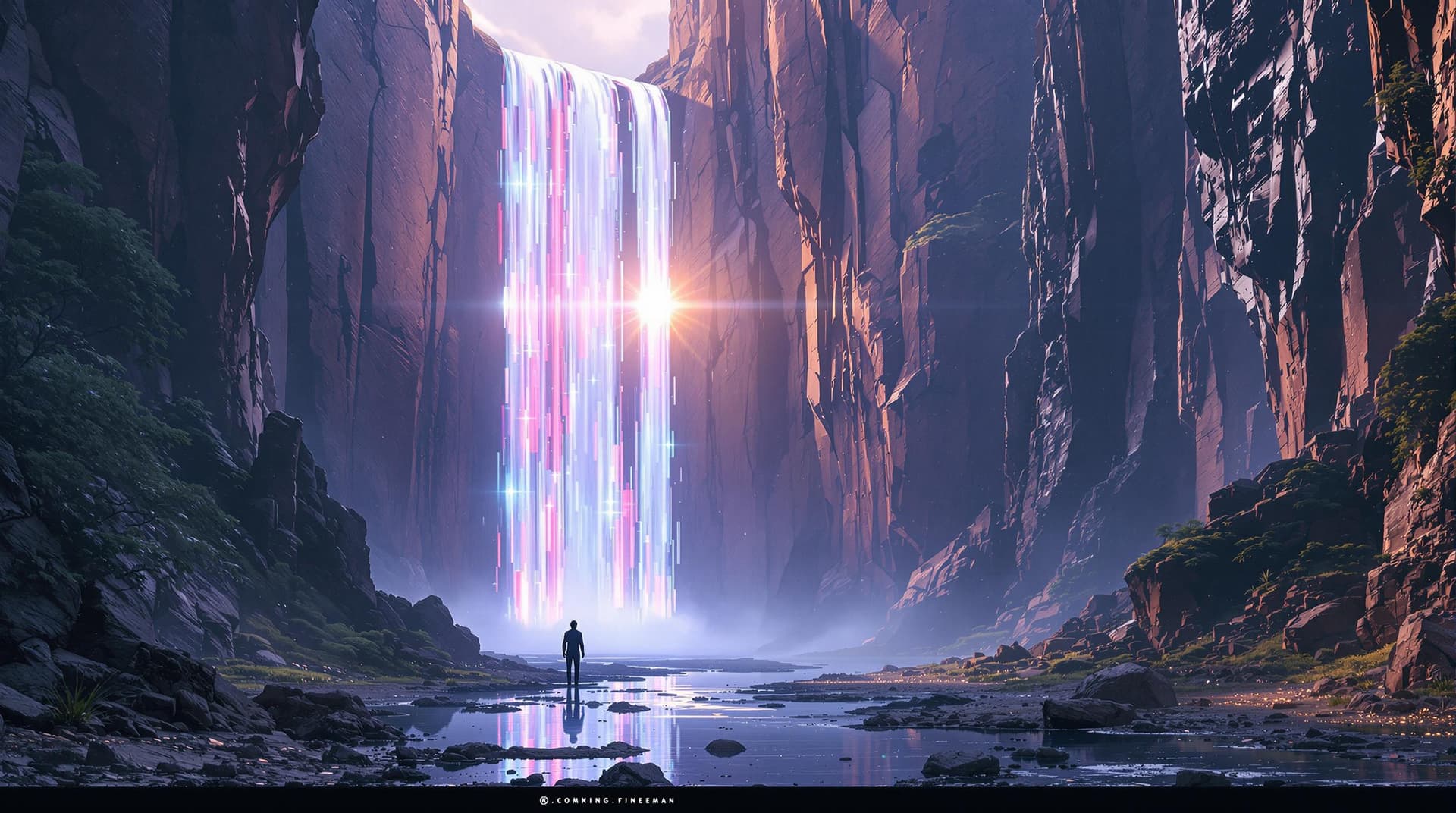 AI generated:  sci-fi futurist man made giant  minimalism architectural single waterfall