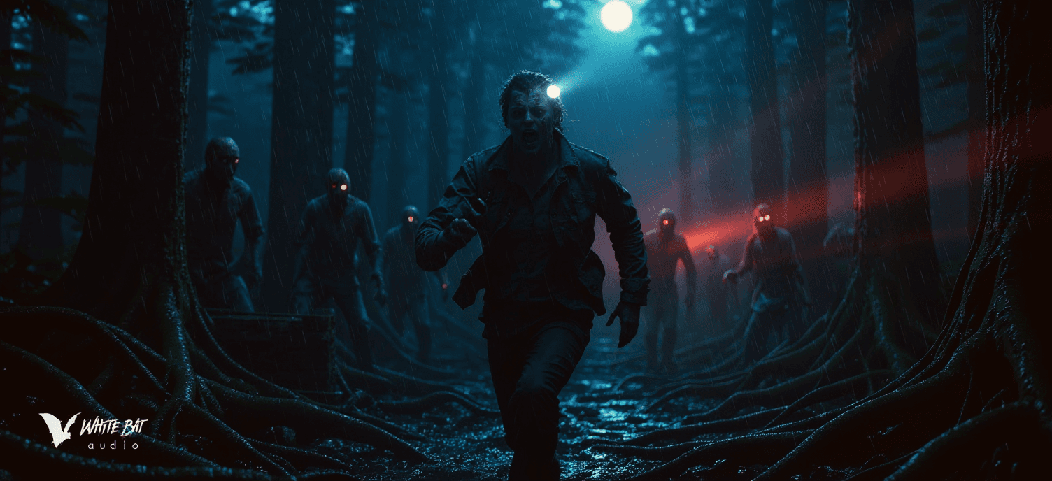 AI generated: A terrified female archaeologist running through a dense jungle at night, chased by an army of hundr...