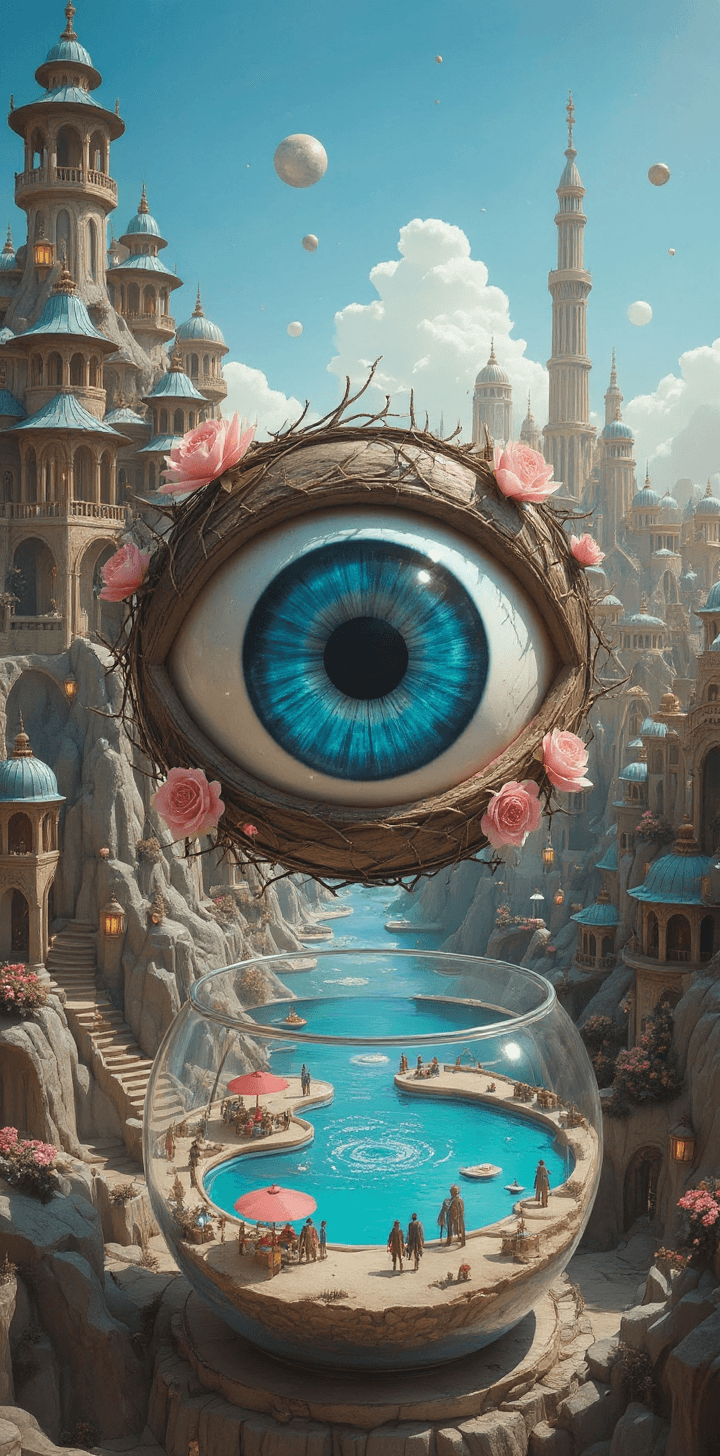 AI generated: A tranquil, fixed shot of a surreal dreamscape. In this otherworldly city, a giant, watchful blue ey...