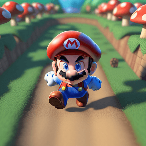 AI generated: Super-Mario running, Mushroom Kingdom background, 32k, closeup, trending on poltcount 3D, game --v 5...