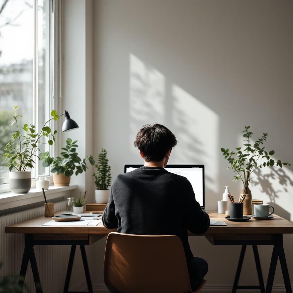 AI generated: modern, minimalist workspace, focused designer korea hansome young man silhouete at a woodstyle desk...