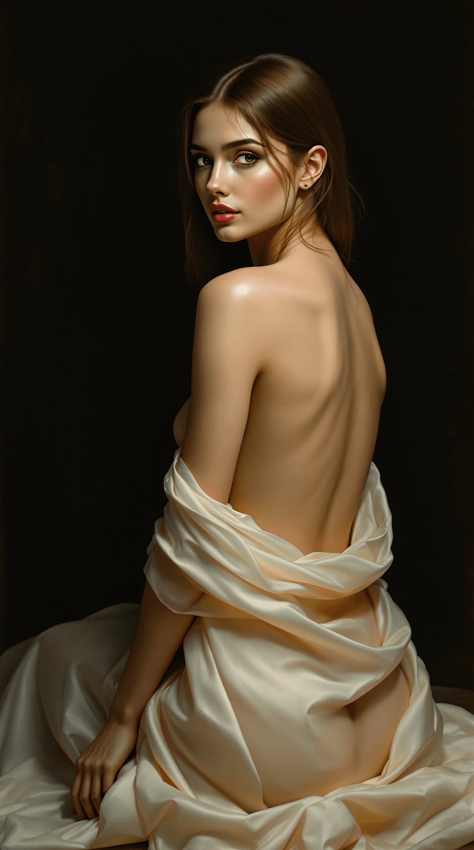 AI generated: A **dramatic, classical oil portrait** of a **woman draped in a diaphanous white cloth**, seated wit...