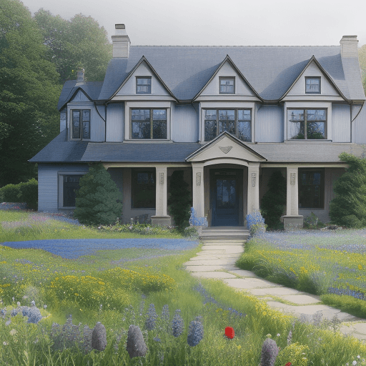 AI generated: a beautiful blue country house in front of a field of wildflowers, in the style of soft mist, organi...