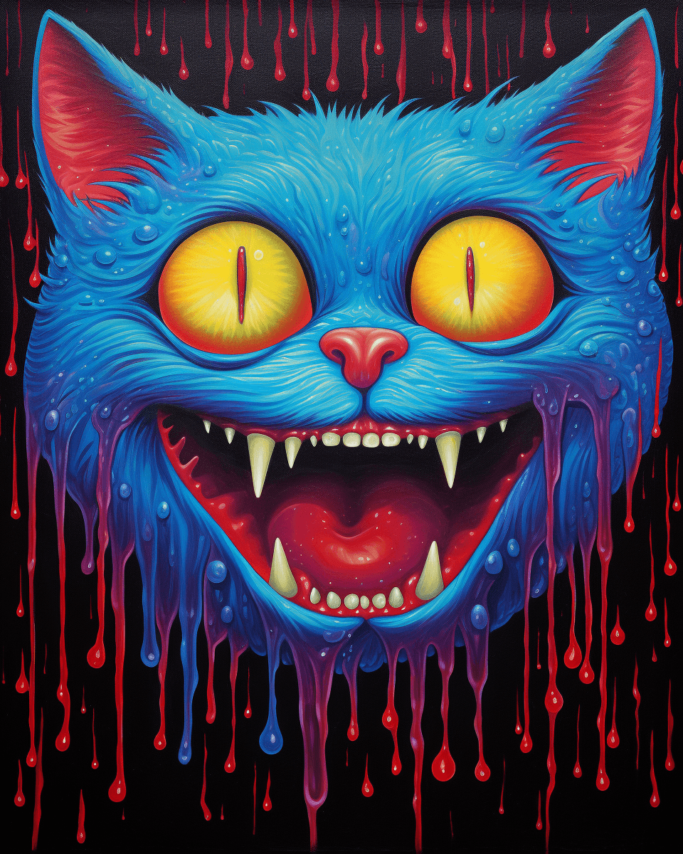 AI generated: A blue cat with yellow eyes and glowing teeth, in the style of David Wiesner, John Brack, Robert Rau...