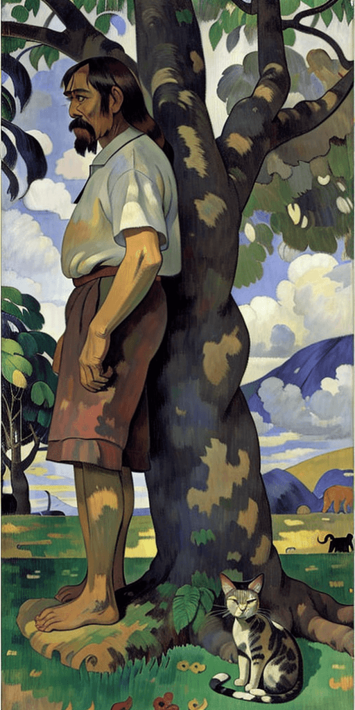 AI generated: Full height side view Portrait of old Paul Gauguin standing near a tree and looking at the cat sitti...