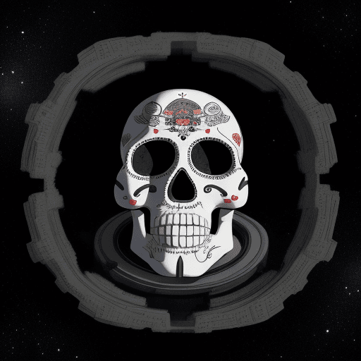 AI generated: alta resolucion, un dibujo en donde se muestre una calavera diseñada por posadas en medio del espaci...