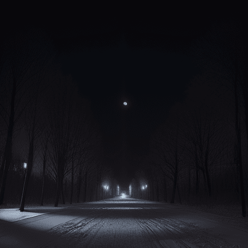 AI generated: night view of an avenue with trees and buildings, city in siberia, abandoned in 1950, illuminated on...
