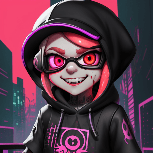 AI generated: splatoon, inkling, fyre, cute, cyberpunk city background, saturated colors, horror, sketch, creepy, ...