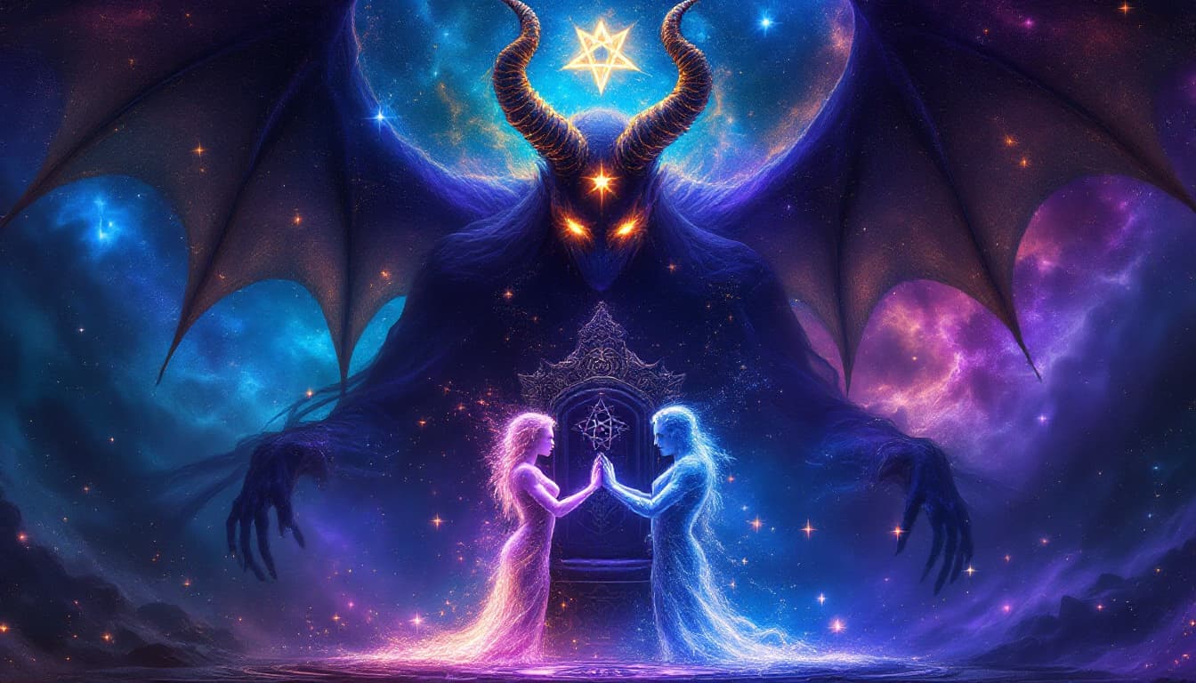 AI generated: “The Devil’s Celestial Chains” – A towering horned figure of cosmic shadow and burning stardust emer...