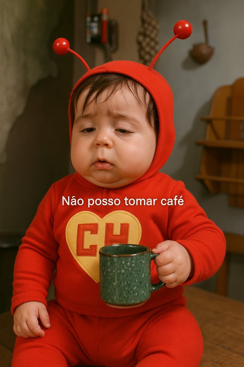 AI generated: The image shows a baby dressed as Chapolin Colorado, wearing a full red jumpsuit, including a hood w...