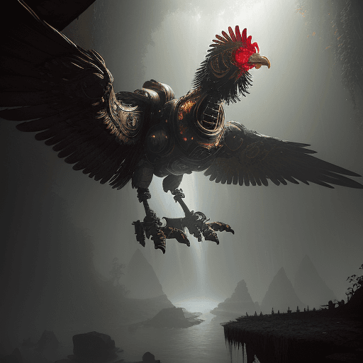 AI generated: a realistic photo of a steampunk chicken mech suit, angular mech armor, exploring the interior of a ...