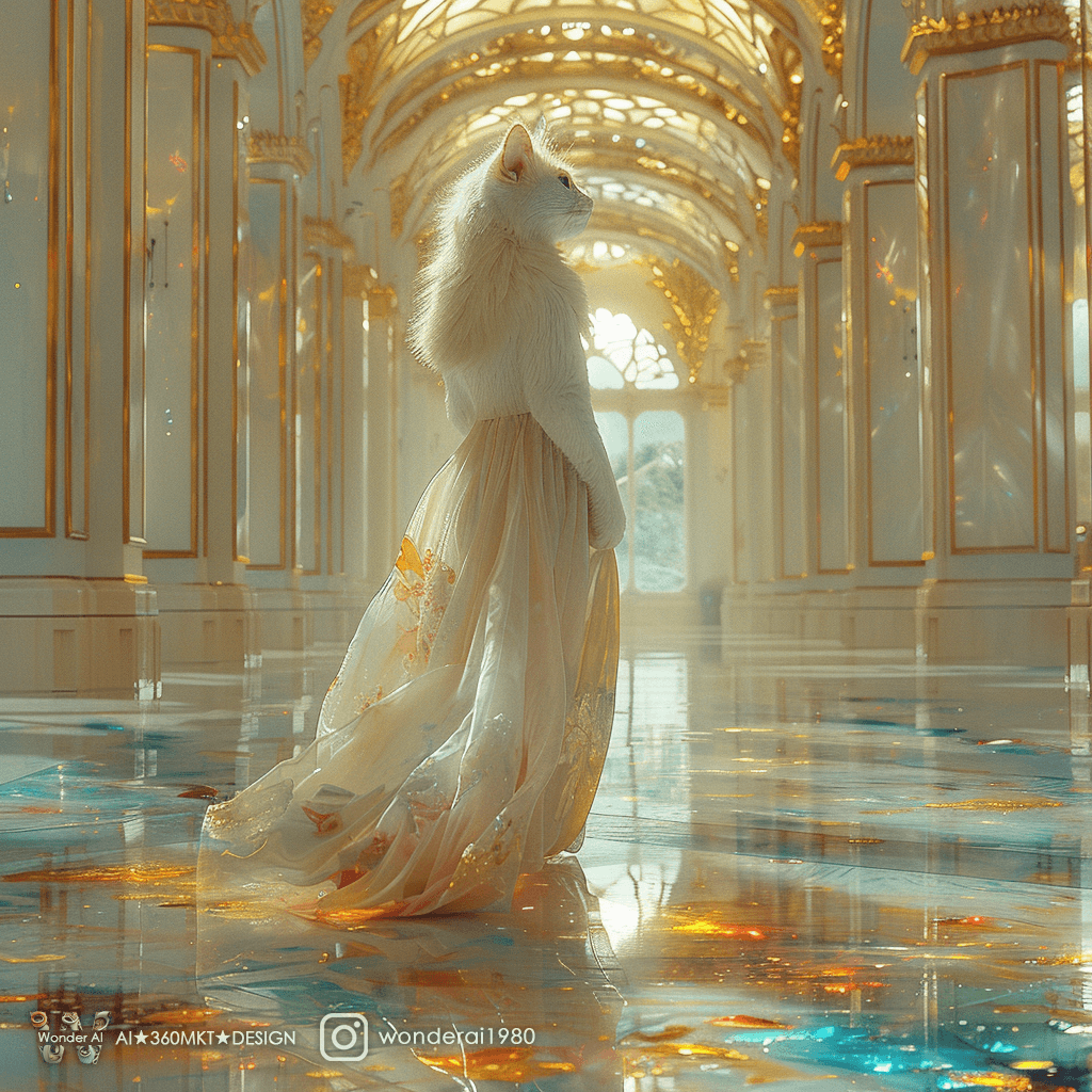 AI generated: ((an anthropomorphic cute cat, wearing an alcohol ink colored haute couture dress)), ((walking in ar...