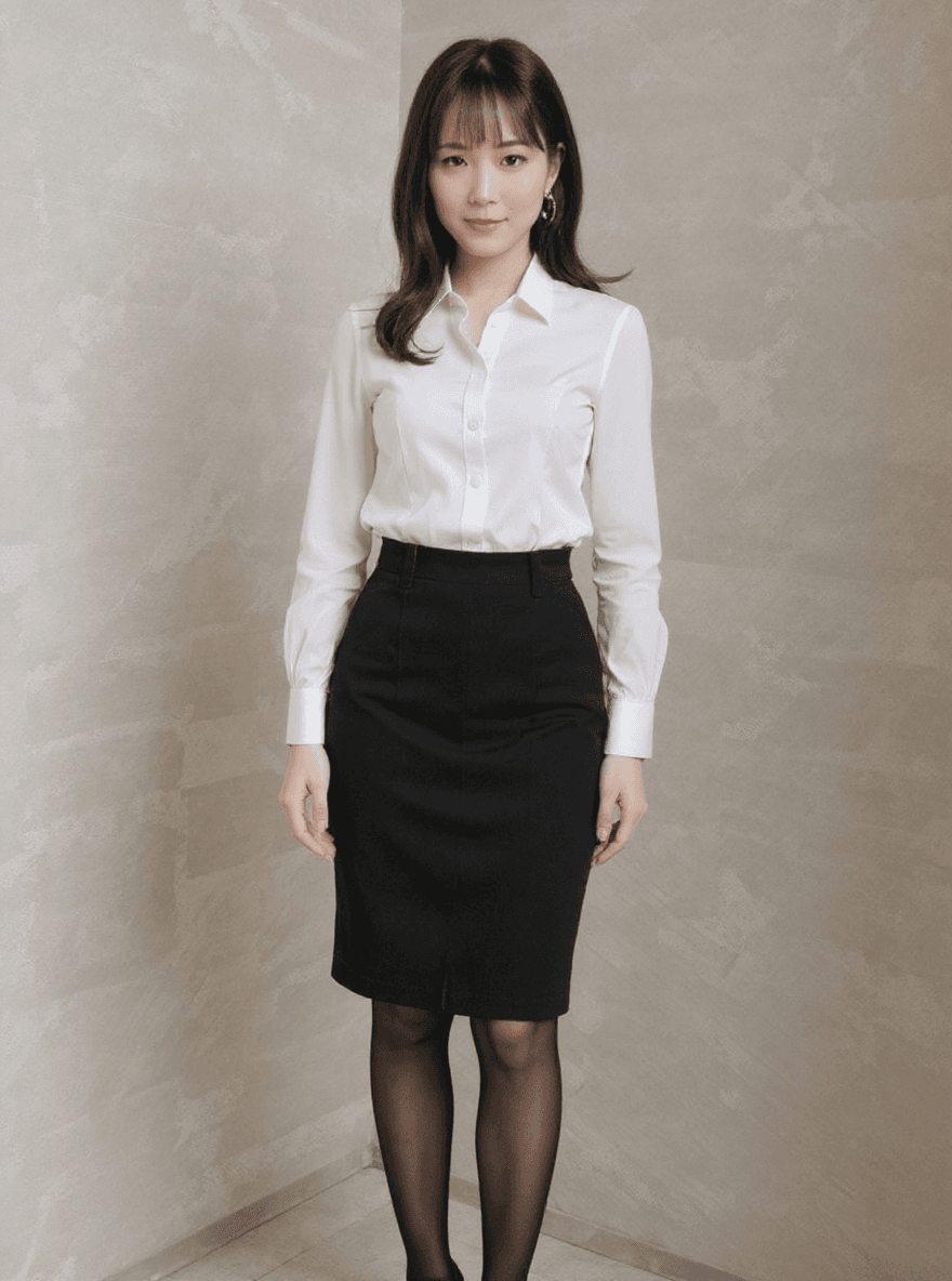 AI generated: a woman wearing professional OL office lady style, white blouse, tight black pencil skirt, sheer bla...