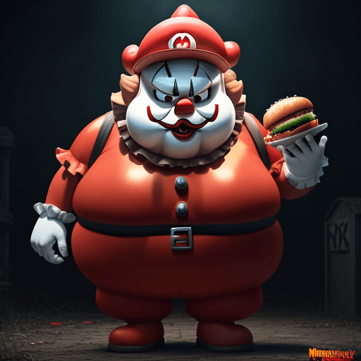 AI generated: A [ Full Body ] Fat Mario wearing a pennywise costume and eating hamburgers, fantasy, photorealistic...