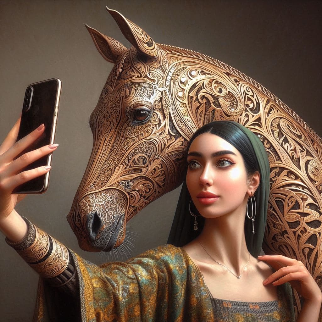 AI generated: Akhal-Teke horse-blade selfie, intricate, beautiful, Trending on Artstation, oil on Canvas by Elena ...