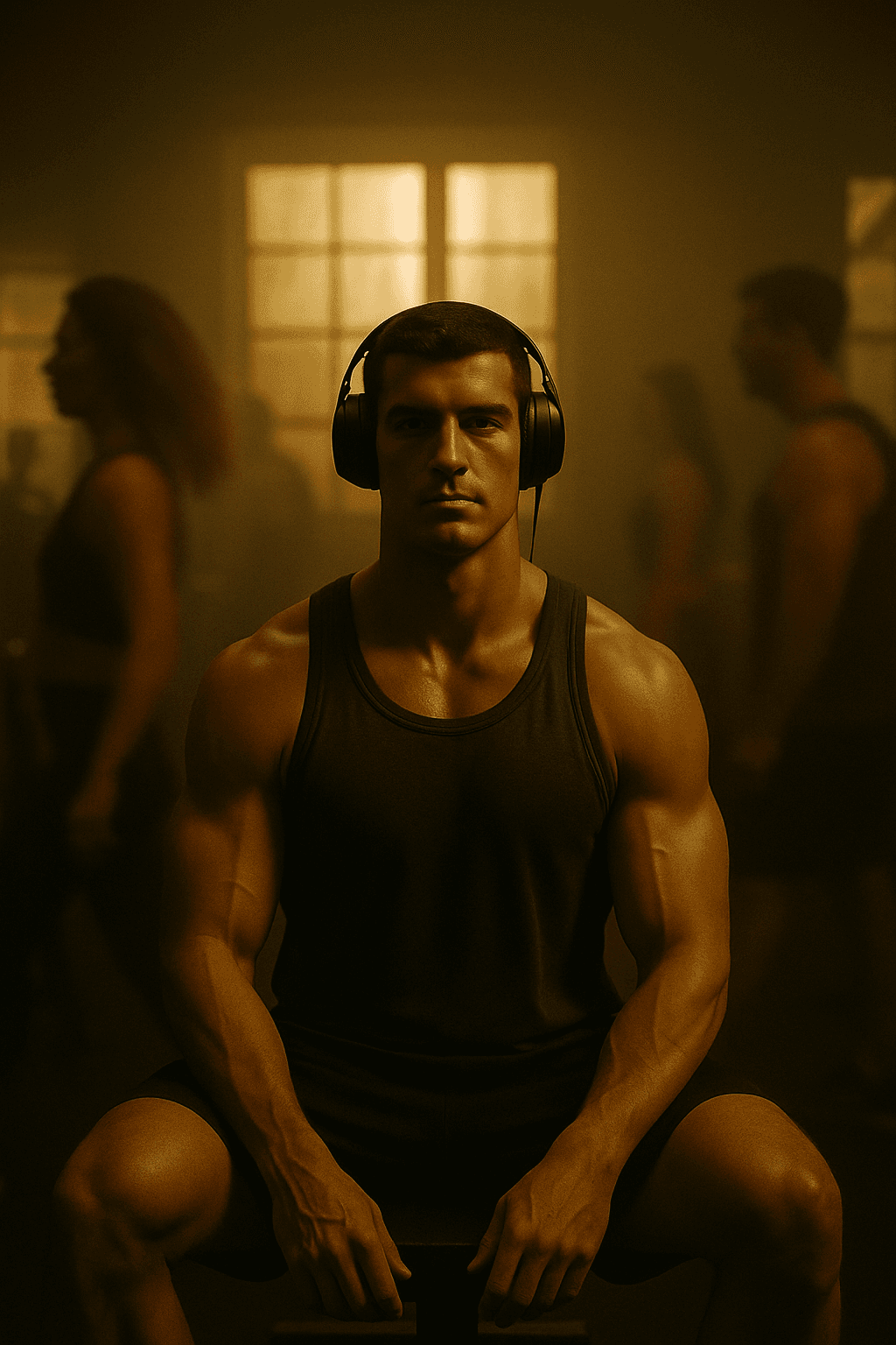 AI generated: cinematic film still of a muscular, angular man sitting upright on a weight bench in a dimly lit gym...