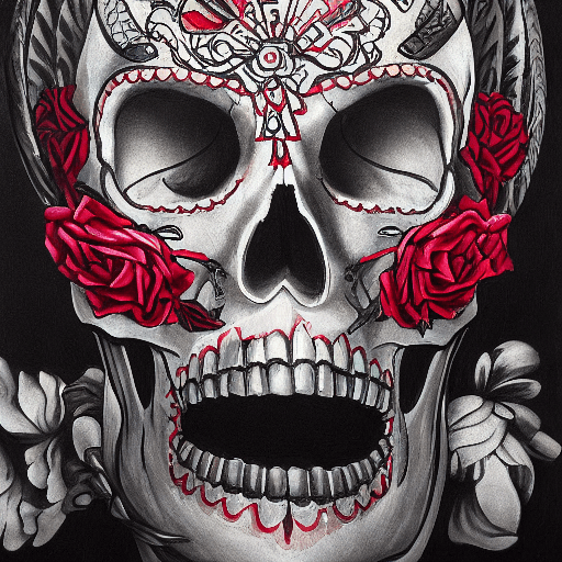 AI generated: the skull, day of the dead art by linyu hong, in the style of dark white and red, graffiti art, real...