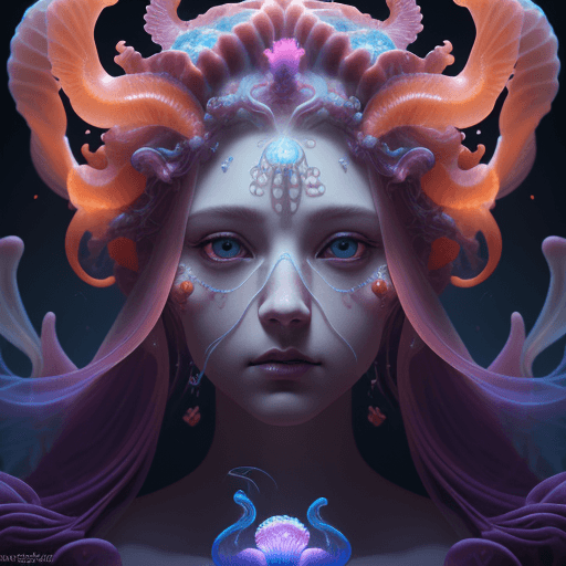 AI generated: Goddess close-up portrait ribcagel. jellyfish phoenix head, nautilus, orchid, skull, betta fish, bio...