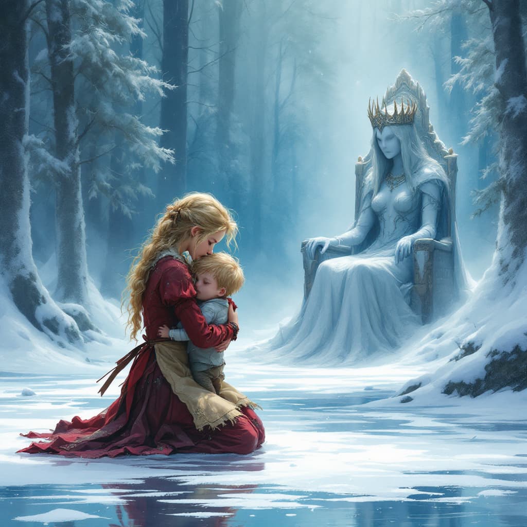 AI generated: A blonde girl in tattered red and burgundy dress with apron is kneeling on the ice and hugging a pal...