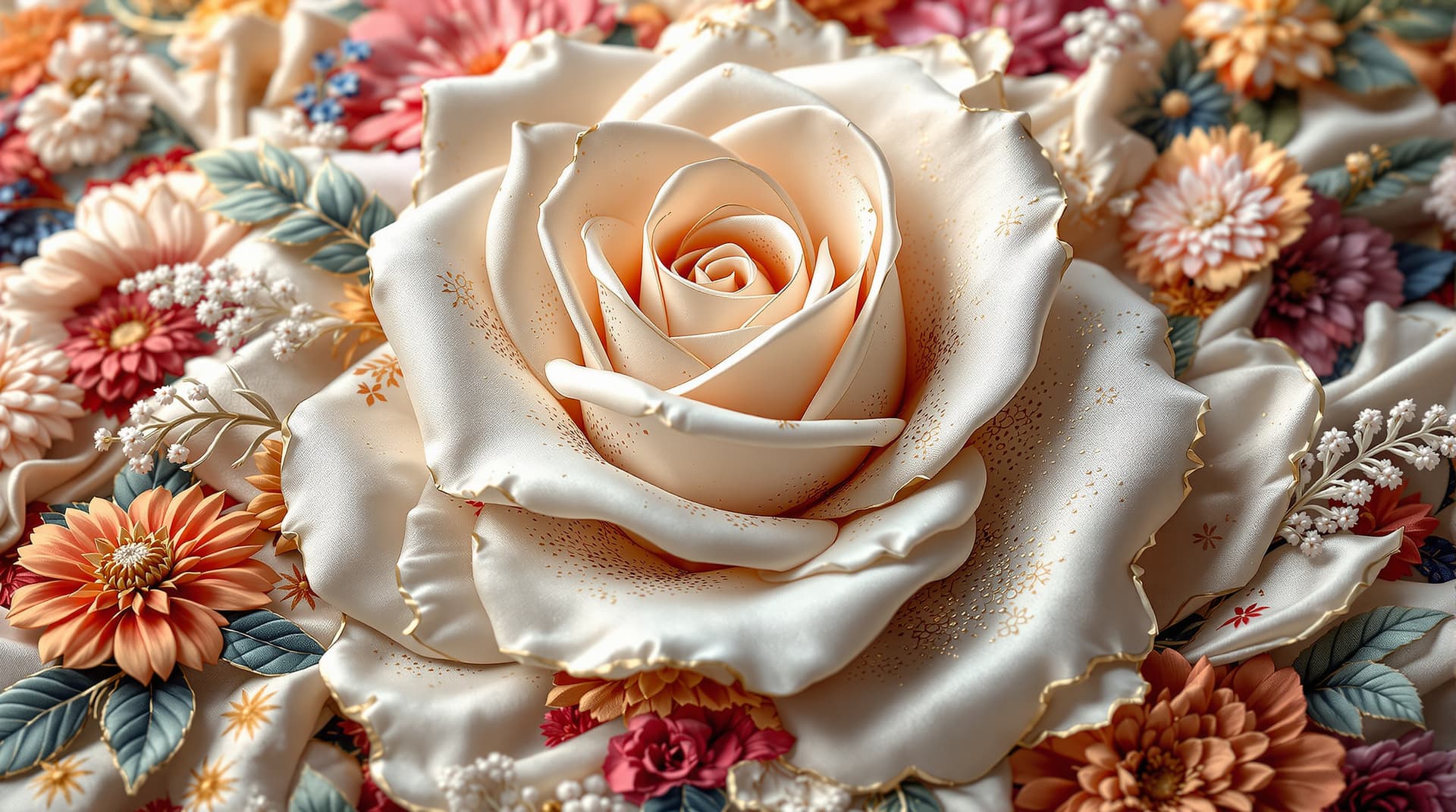 AI generated:  a work of art  in a  glossy silk fabric white rose embroidered in 3d, each petals are  made of diff...