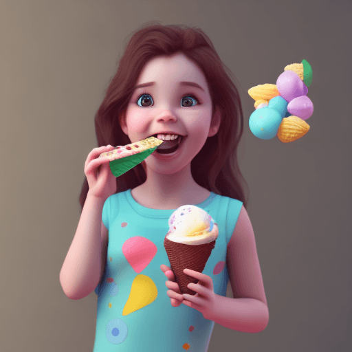 AI generated: cute, adorable, smiling girl eating ice cream, candies flying all around her, Pixar, disnet, cinema ...