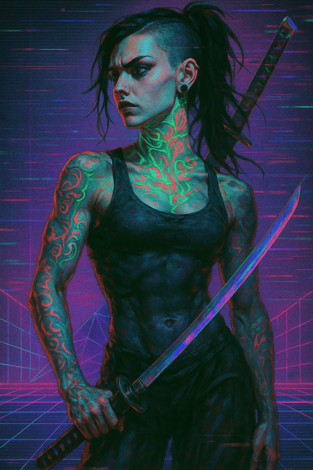 AI generated: A vaporwave-inspired portrait of a gothic punk rebel girl, illuminated by neon green, blue, and red ...