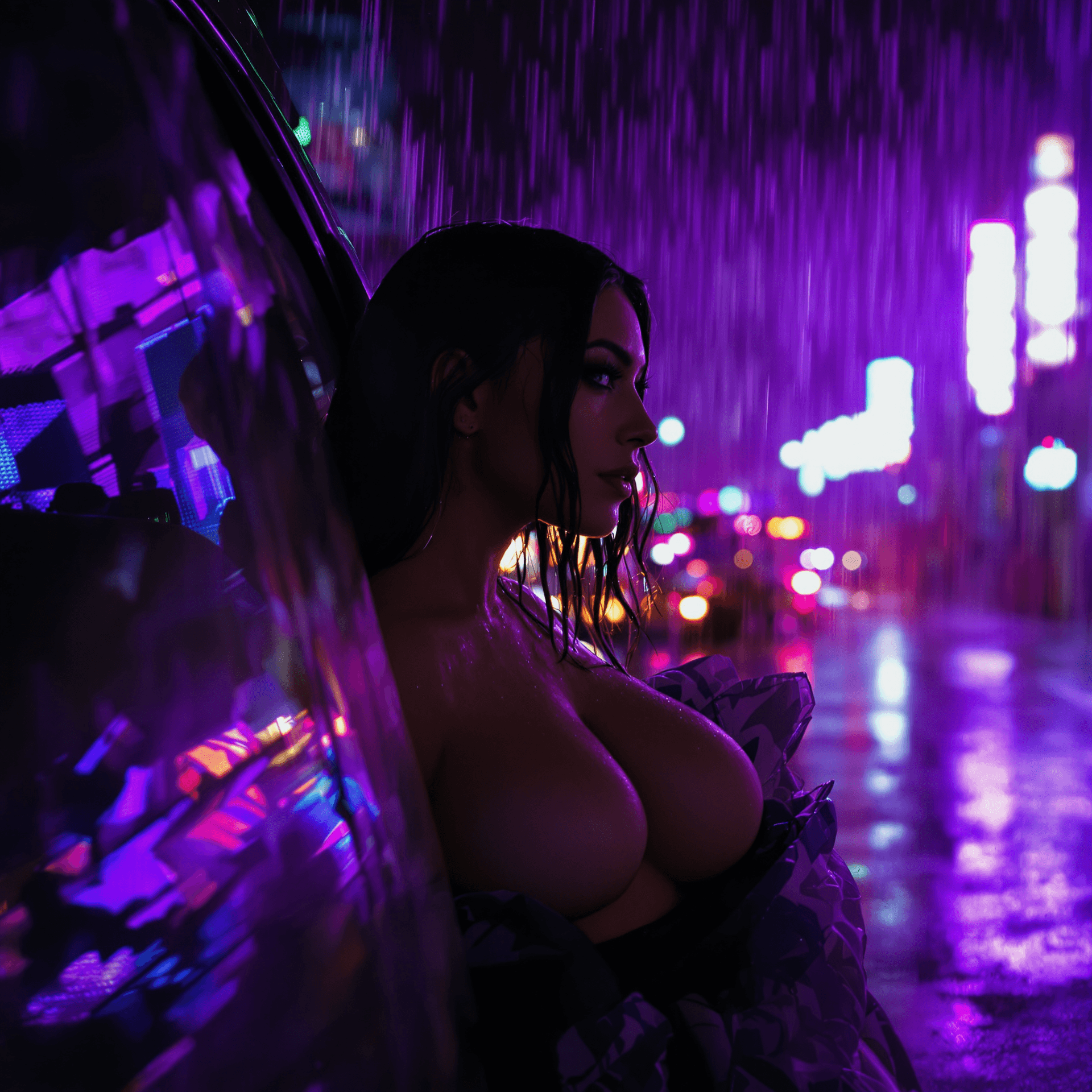 AI generated: A fashion editorial, front view, young busty woman sitting in car and looking out window in wet rain...