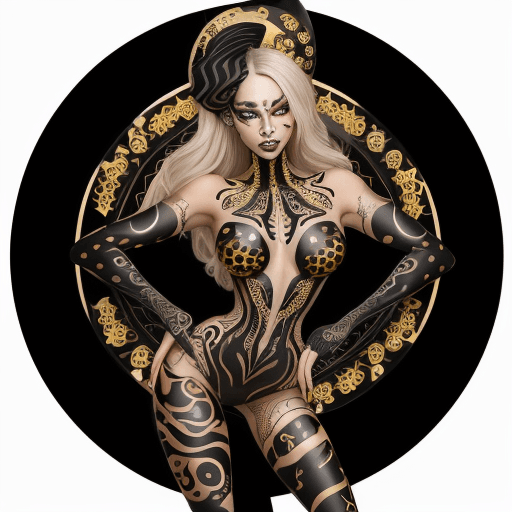 AI generated: An full body image of a woman with a hyperrealistic style, showcasing an elaborate body paint design...