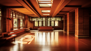 AI generated: Frank Lloyd Wright, Robie House with Prairie style design and horizontal emphasis and brick structur...