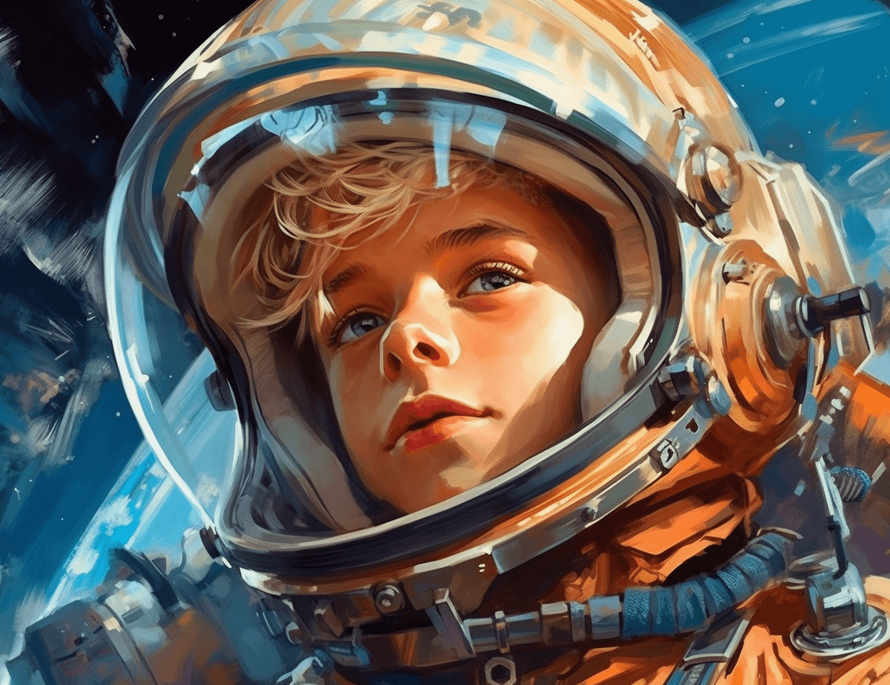 AI generated: a young boy, blonde hair, wearing an astronaut costume and helmet and an space with several planets,...