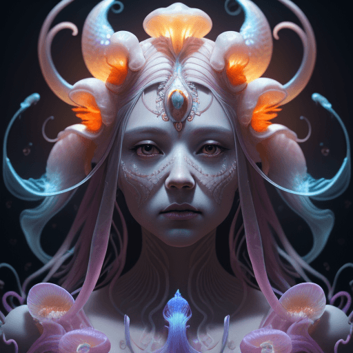 AI generated: Goddess close-up portrait ribcagel. jellyfish phoenix head, nautilus, orchid, skull, betta fish, bio...