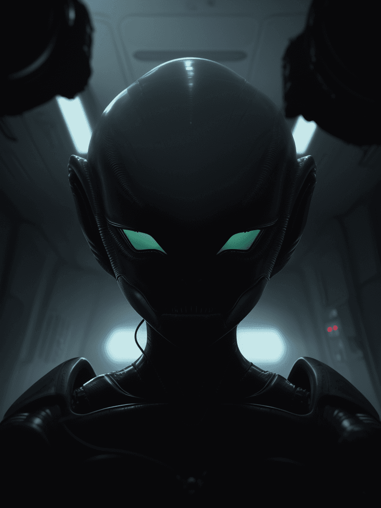 AI generated: A copy of the movie "ALIEN" in the style of Ridley Scott, there is an alien on top and in front of h...
