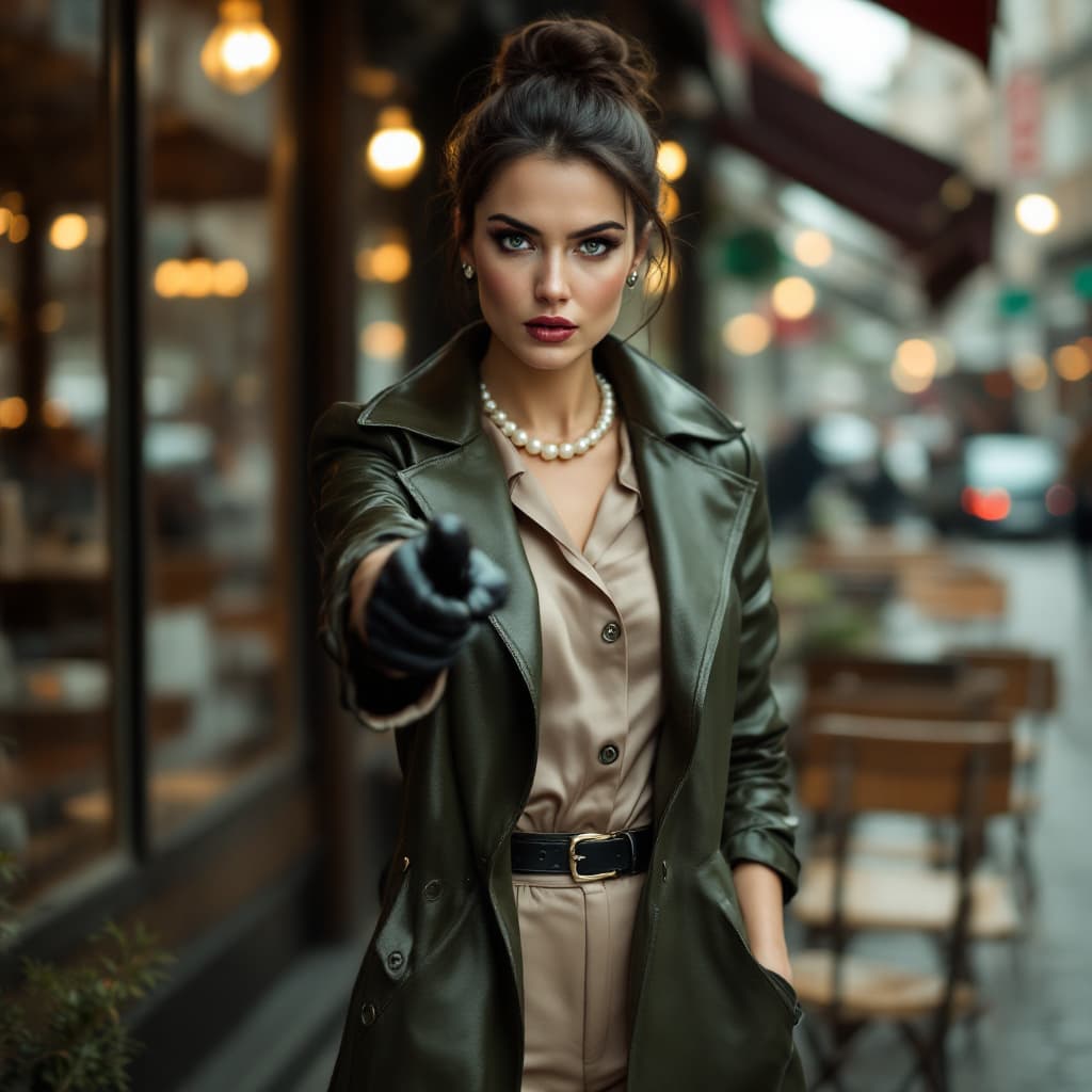 AI generated: 46 year old elegant, angry, squinting, confident caucasian lady with dark hair in a bun, blue eyes. ...