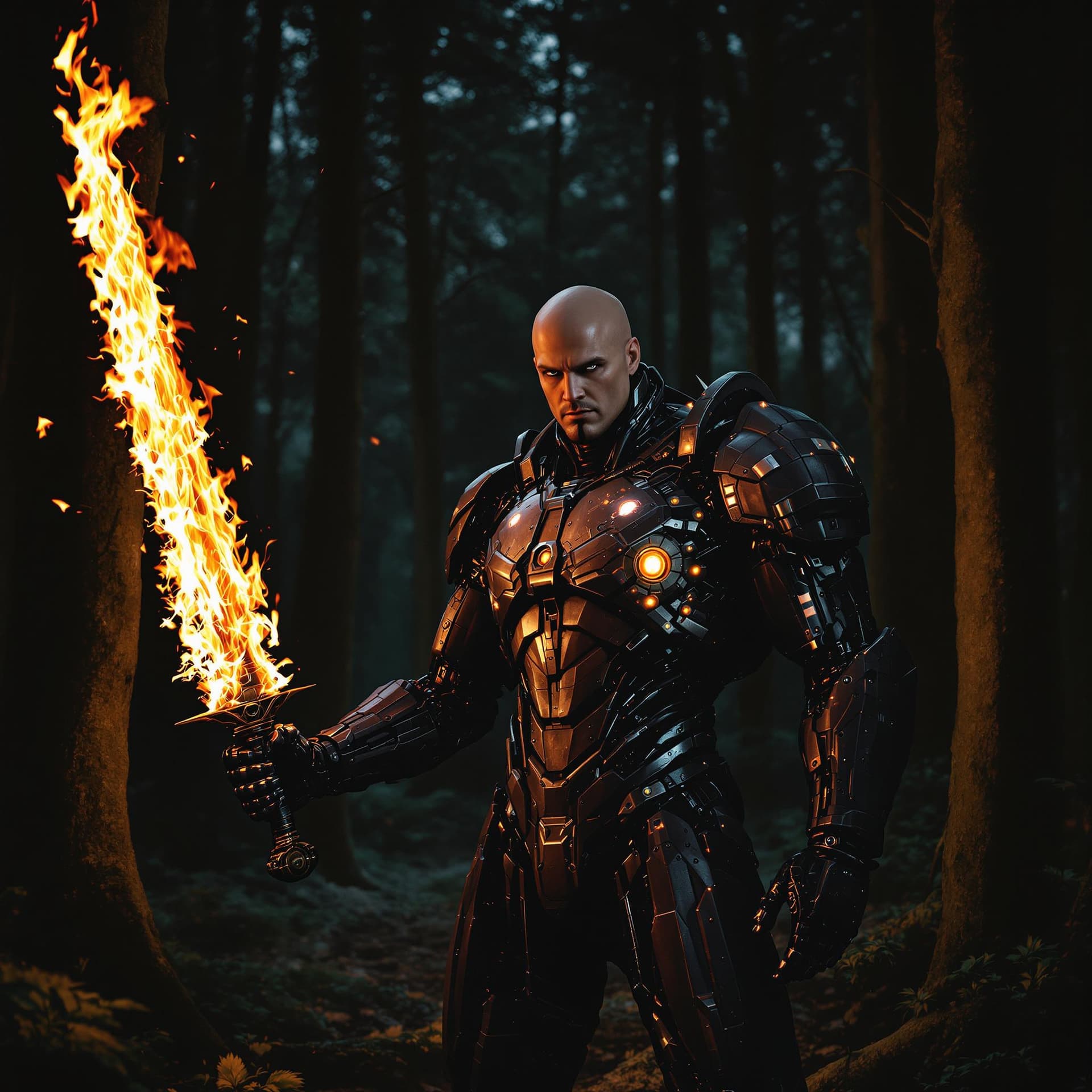 AI generated: The real photo is of a powerful man, with a futuristic cybernetic robot body, in the middle of a dar...